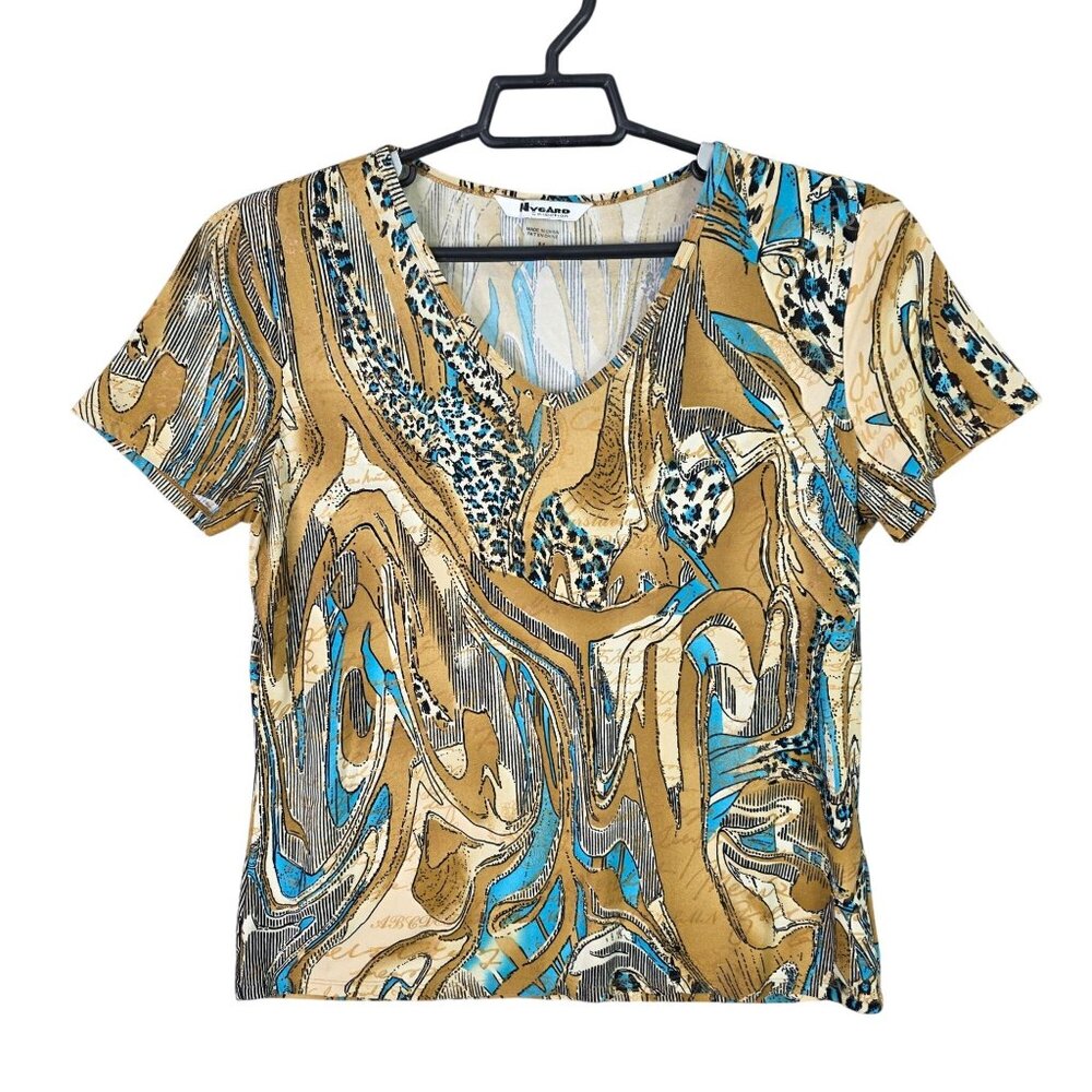 Womens Nygard Beige & Teal Abstract Blouse Short Sleeve V Neck Polyester Size M